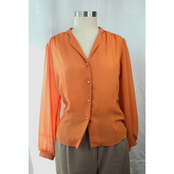 Vintage 50s/60s Orange Sheer Pearl Button-Up Pleated Shirt - Picture 12 of 16